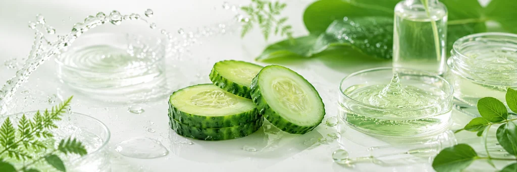 Cucumber extract for hydrating skincare shown with fresh cucumber slices, clear gel and water droplets
