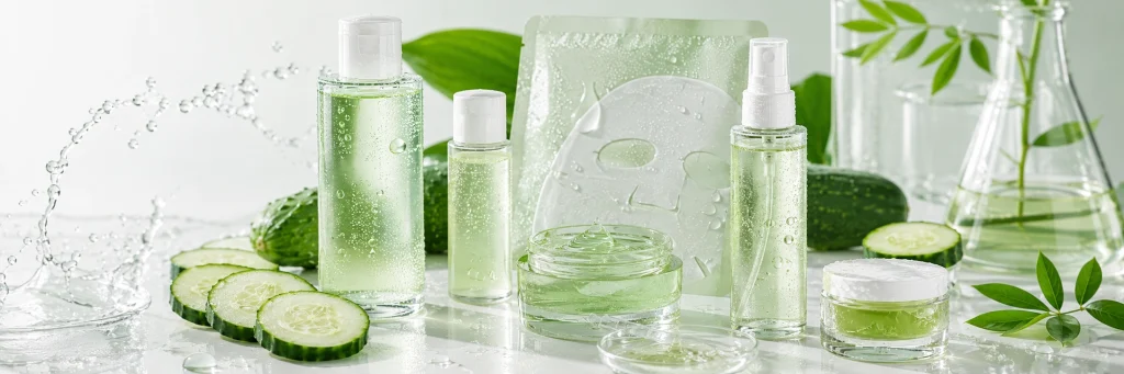 Fresh cucumber extract, hydrating gel and water droplets for lightweight moisturizing skincare formulas