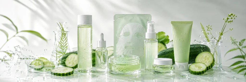 Cucumber extract raw material with lab bottles, sample powder and quality control documents for cosmetic sourcing