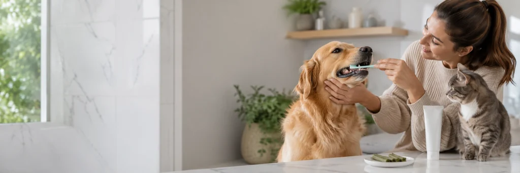 Pet owner brushing a dog’s teeth with hydroxyapatite pet toothpaste for daily oral hygiene care