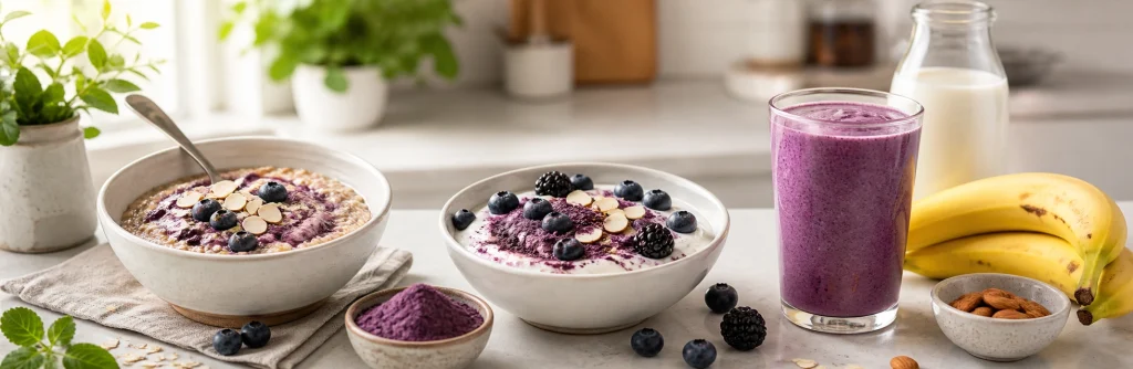 Daily anti-aging superfood powder routine with oatmeal, yogurt, smoothie, banana, and berries