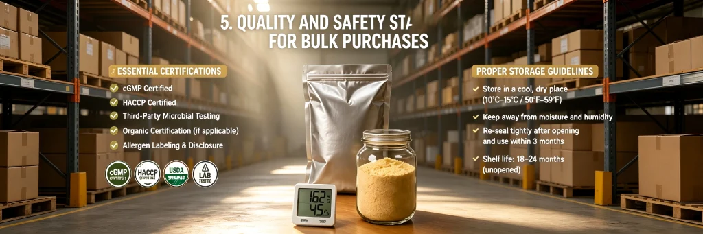 Quality and safety standards for bulk durian powder, showing cGMP/HACCP certifications and proper warehouse storage guidelines.