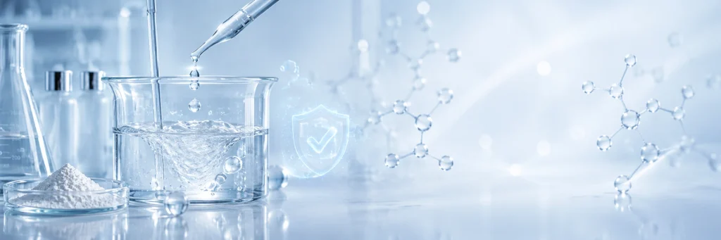 Enzyme ingredient formulation stability testing with beaker, dropper, white powder and molecular science background