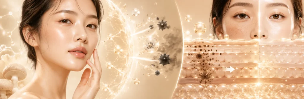 Ergothioneine brightening skincare mechanism showing antioxidant protection, free radical defense and even skin tone