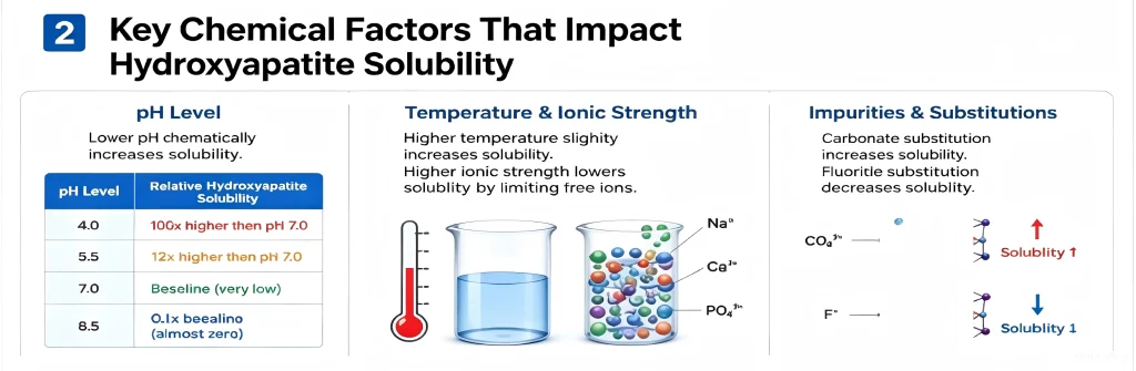 Chart showing how pH level, temperature, and ionic strength impact hydroxyapatite solubility.