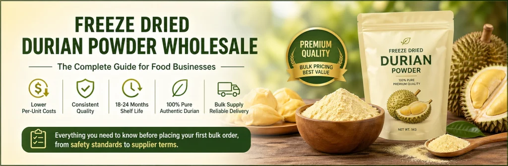 Comprehensive guide for freeze dried durian powder wholesale featuring premium quality, bulk pricing, and 100% pure authentic durian.
