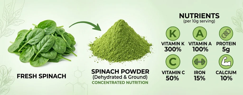 Process of making spinach powder from fresh leaves with nutritional facts like Vitamin K and A.