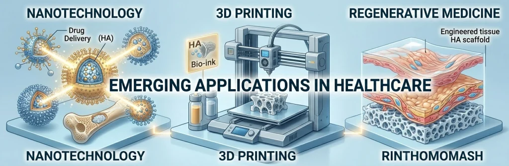 Future trends in hydroxyapatite applications: nanotechnology, 3D printing custom bone scaffolds, and regenerative medicine.