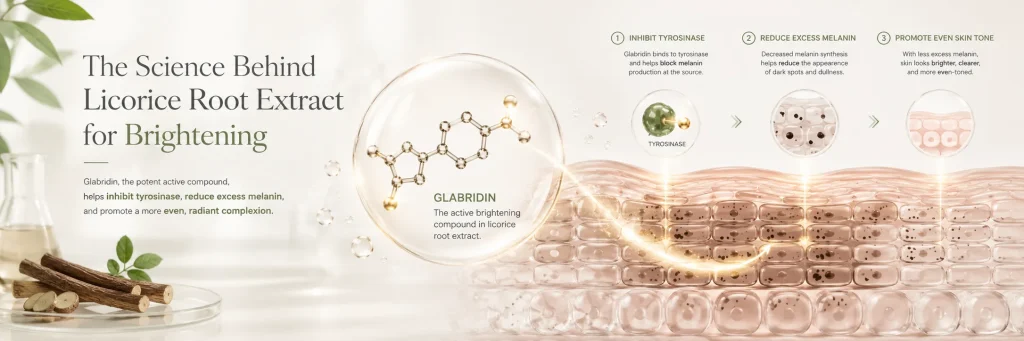 Glabridin in licorice root extract helps inhibit tyrosinase and reduce excess melanin for brighter skin.