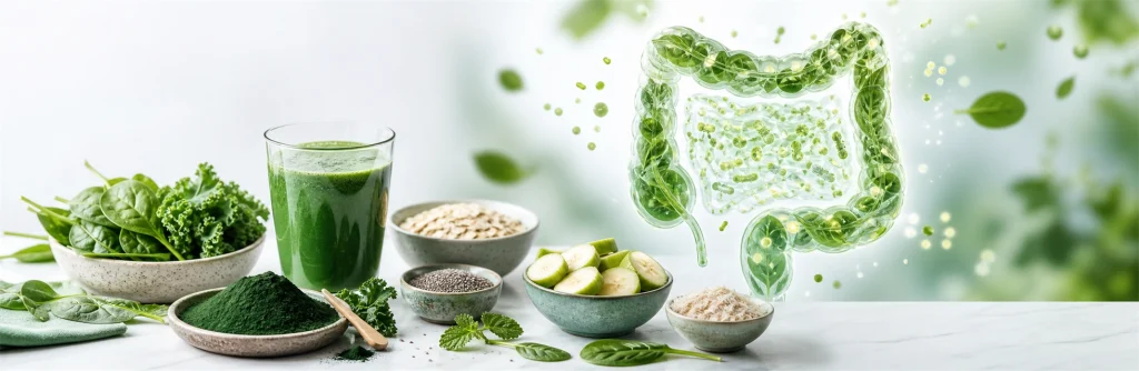 Prebiotic greens powder ingredients supporting healthy gut bacteria and digestion