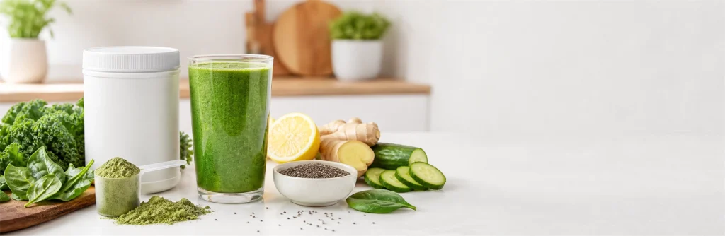 Unbranded greens powder with smoothie, kale, cucumber, lemon, and ginger
