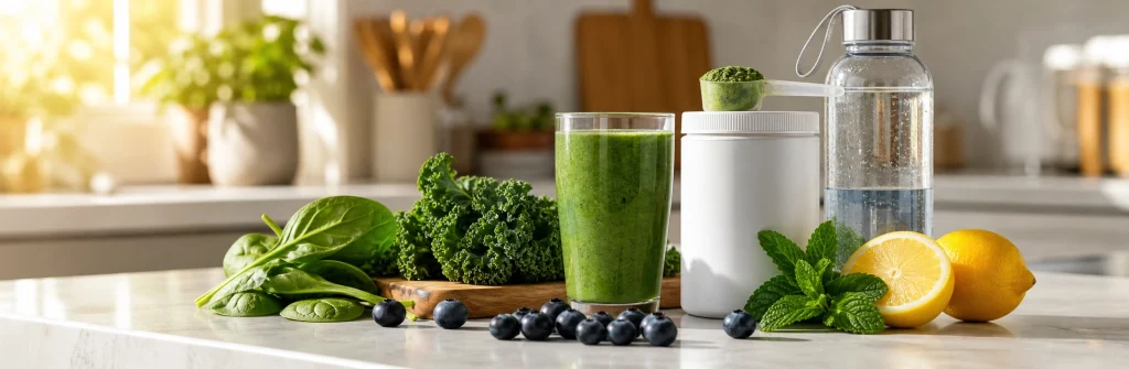 Green drink in a shaker beside oatmeal, fruit, and workout gear for a morning routine