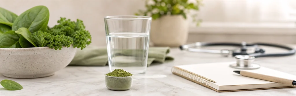 Half scoop of greens powder with water for a gentle starting dose