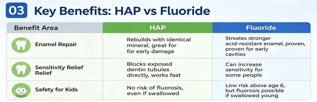 Comparison chart of HAP and fluoride benefits including enamel repair sensitivity relief and cavity prevention