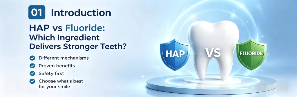 HAP vs fluoride comparison showing two enamel protection ingredients for stronger teeth and cavity prevention