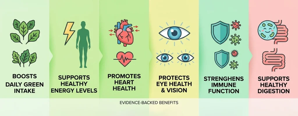 Infographic showing 6 health benefits of spinach powder including heart, eye, and immune support.