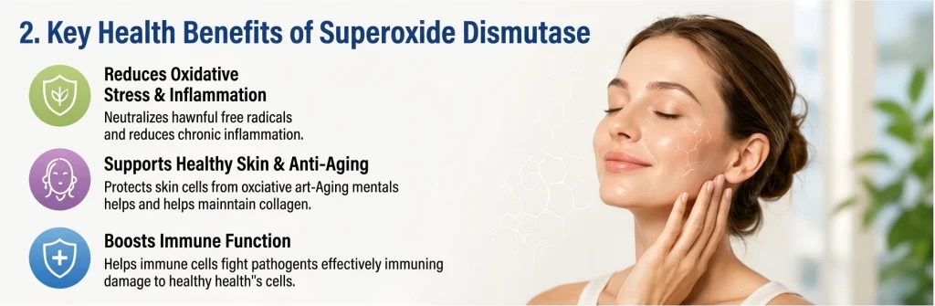 Infografik, der forklarer Superoxide Dismutase (SOD) sundhedsmæssige fordele: reducerer oxidativt stress, understøtter anti-aging hud og booster immunfunktionen.