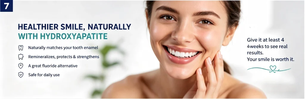 Results after using oral care products containing hydroxyapatite: showcasing a naturally bright smile and healthy enamel protection.
