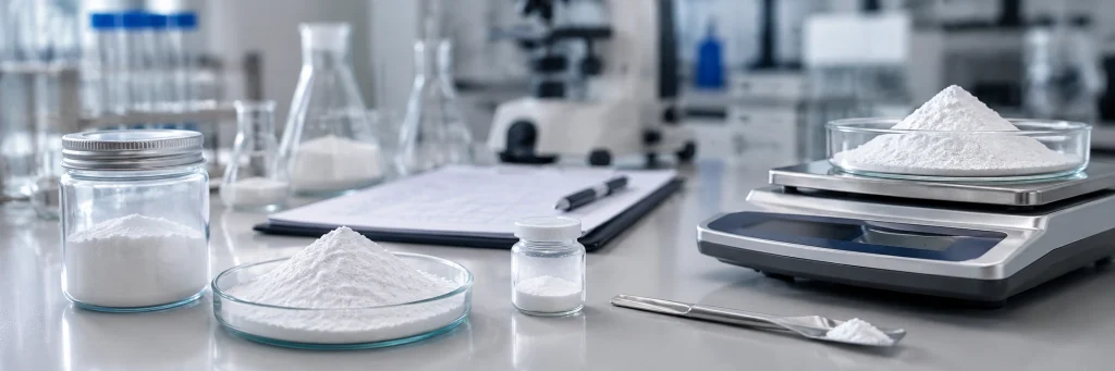 High-purity hydroxyapatite powder quality control with lab samples, weighing scale and testing tools for supplier evaluation.