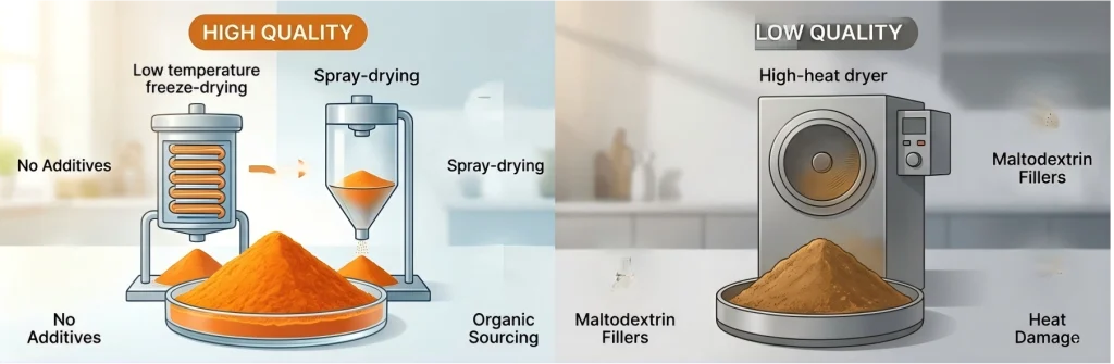 Comparison chart between high-quality organic carrot powder and low-quality heat-damaged powder with fillers.