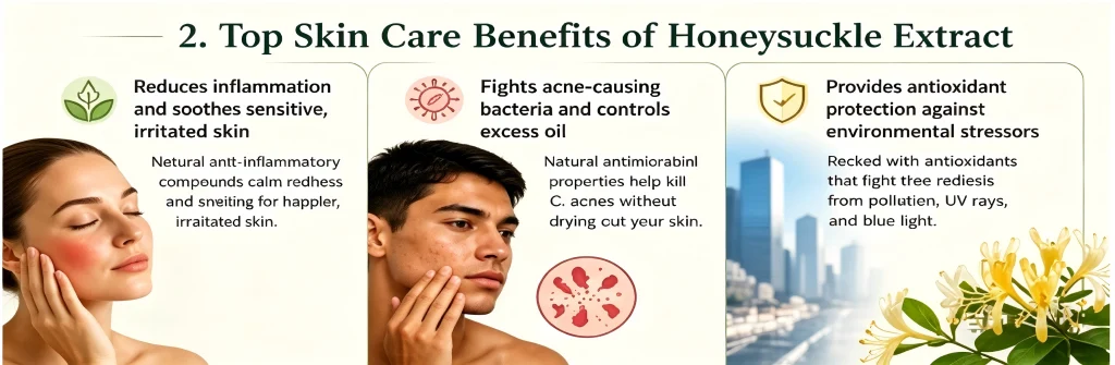 Key benefits of honeysuckle extract for skin care including calming inflammation reducing acne and providing antioxidant protection
