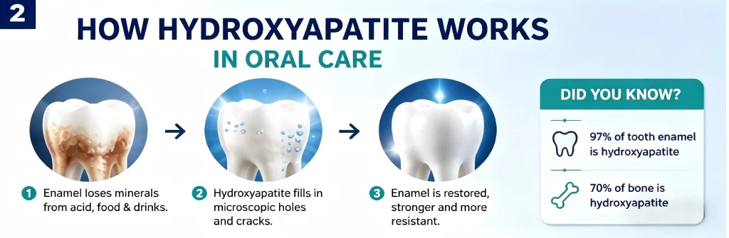 Schematic Diagram of the Mechanism of Action of Hydroxyapatite in Oral Care Products: Illustrating how it fills micro-pores in tooth enamel and strengthens the tooth structure.