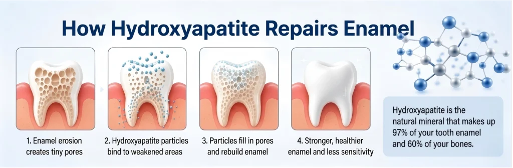 Diagram showing the 4-step process of how hydroxyapatite particles bind to weakened enamel and fill pores to rebuild teeth.