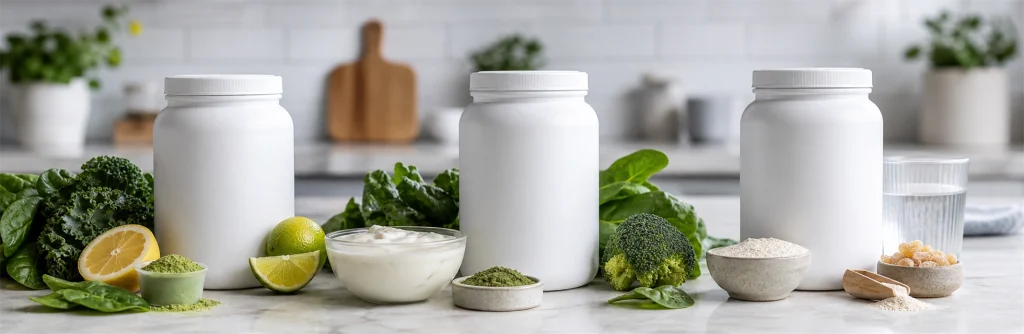 Three unbranded greens powder options with leafy greens, yogurt, and collagen ingredients