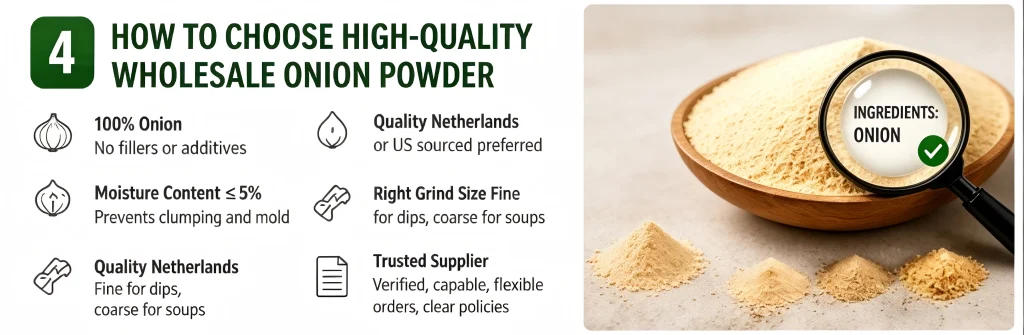 Checklist for choosing high-quality wholesale onion powder: 100% onion, low moisture content, and trusted suppliers.