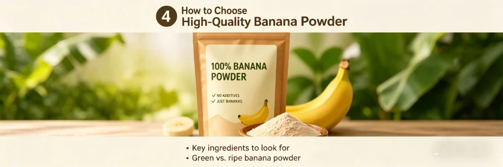A bag of 100 percent pure banana powder with no additives, illustrating how to choose high-quality green vs ripe banana powder products.