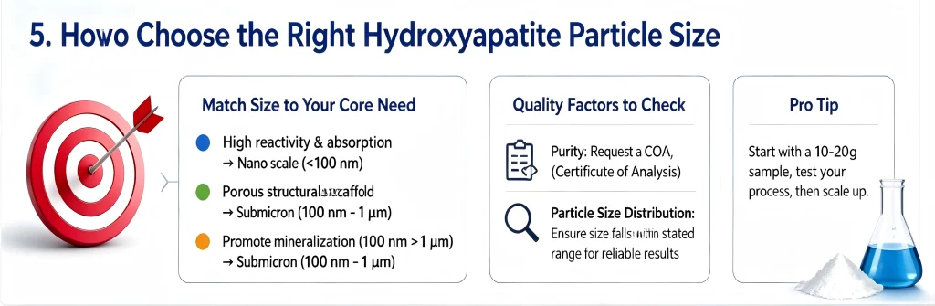 Guide on choosing the right hydroxyapatite particle size based on reactivity, porosity, and mineralization needs, including COA quality factors.