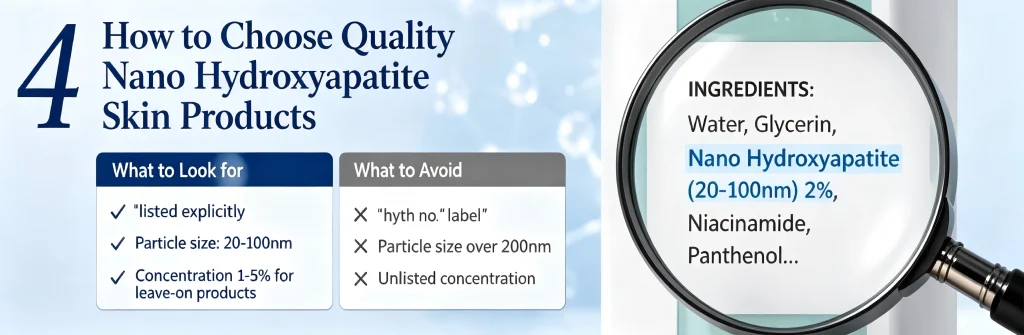 A buying guide checklist on how to choose quality nano hydroxyapatite skin products, highlighting optimal particle sizes of 20-100nm under a magnifying glass on an ingredient label.