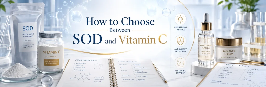 How to choose between SOD and Vitamin C skincare ingredients for antioxidant, brightening and anti-aging formulations