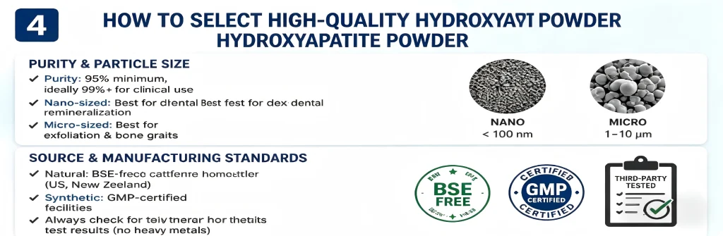 Guide on how to select high-quality hydroxyapatite powder, comparing nano-sized and micro-sized particles with purity standards.