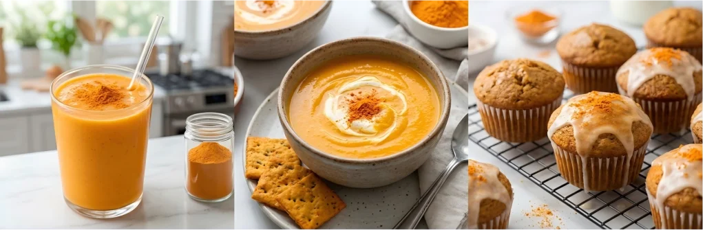 A collage of carrot powder applications in a fruit smoothie, creamy vegetable soup, and golden baked muffins.