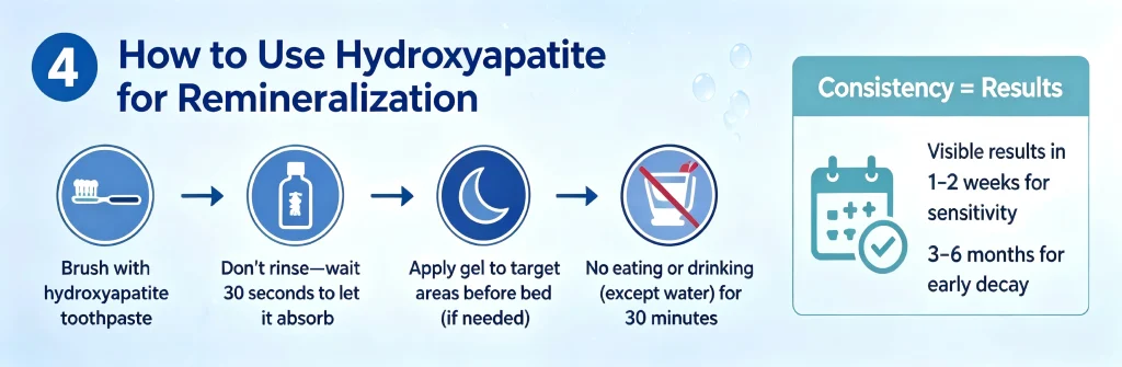 This is an infographic serving as a four-step user guide. The steps include: 1. Brush your teeth with hydroxyapatite toothpaste; 2. Do not rinse for 30 seconds to facilitate absorption; 3. Apply the gel before going to sleep; 4. Do not eat or drink for 30 minutes (water excluded).