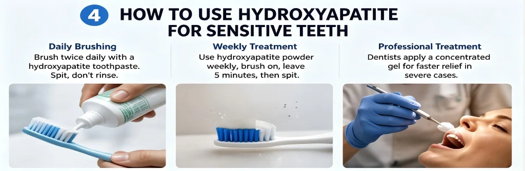 A usage guide for hydroxyapatite targeting tooth sensitivity, covering daily brushing recommendations using hydroxyapatite toothpaste, weekly care using tooth powder, and professional dental treatments utilizing high-concentration gels.