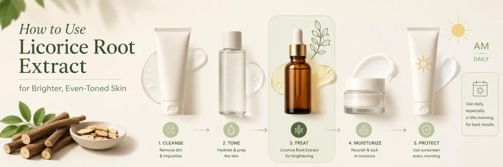 How to use licorice root extract for brightening in a daily skincare routine with cleanser, toner, serum, moisturizer, and sunscreen.
