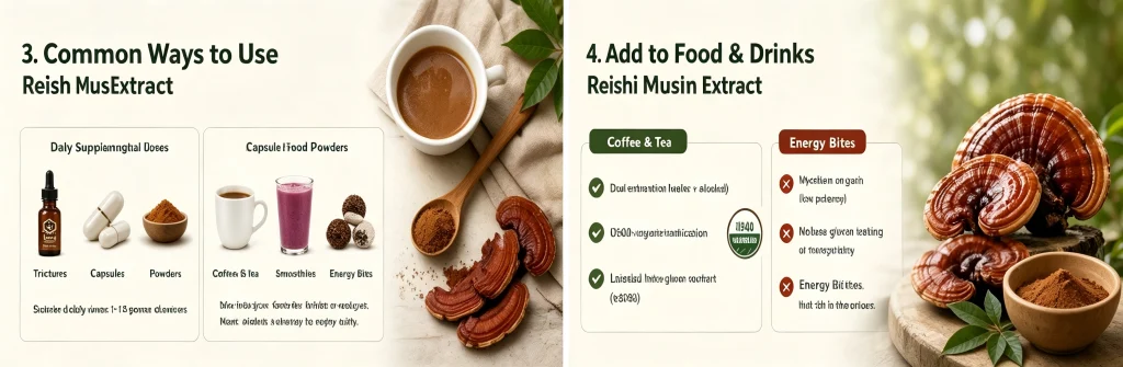Common usage methods of reishi mushroom extract including capsules powder and tea applications