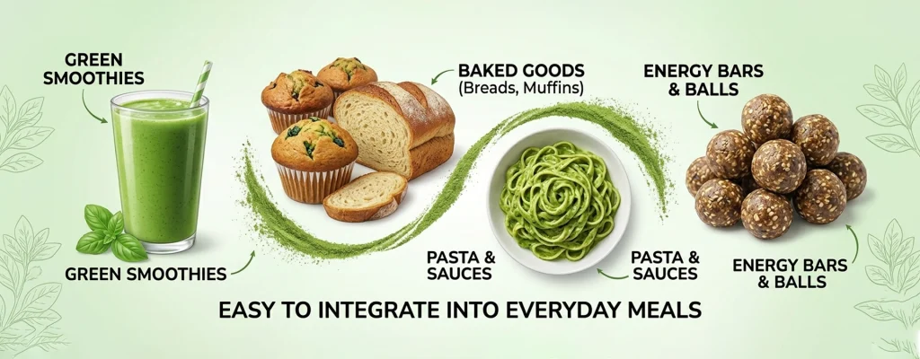 Various ways to use spinach powder in smoothies, baked goods, pasta, and energy balls.