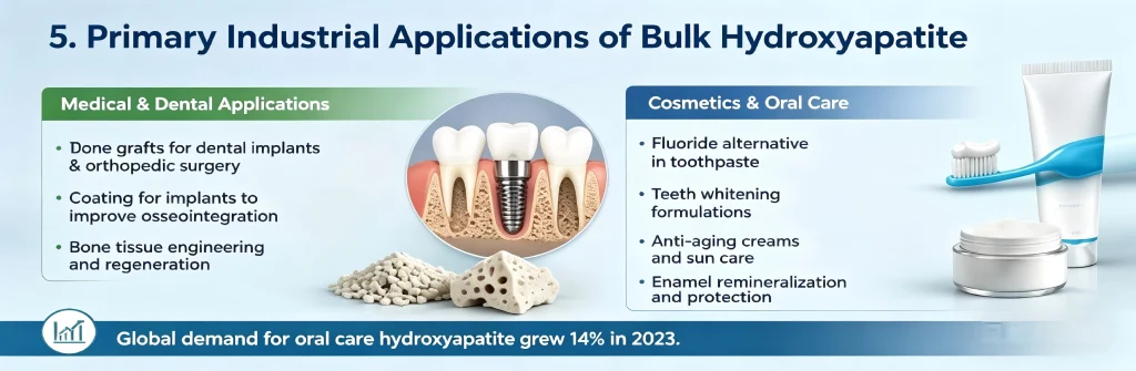 Industrial applications of bulk hydroxyapatite in dental implants, bone grafting, and fluoride-free toothpaste formulations.