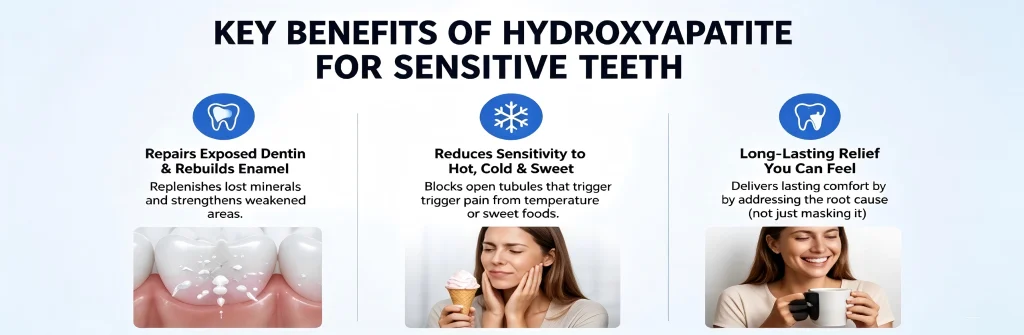The three core advantages of hydroxyapatite in alleviating tooth sensitivity are: repairing exposed dentin, reducing sensitivity to hot, cold, acidic, and sweet stimuli, and providing lasting relief by addressing the problem at its root.