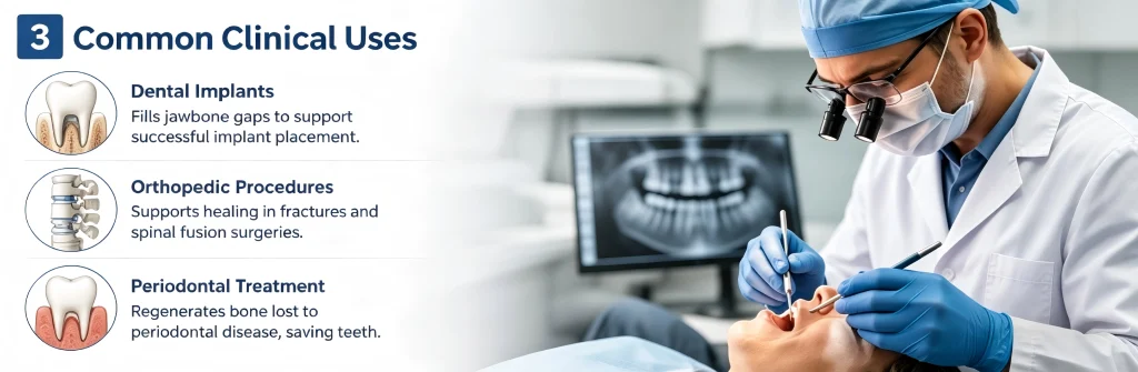 Dentist performing dental implant procedure with hydroxyapatite bone graft support