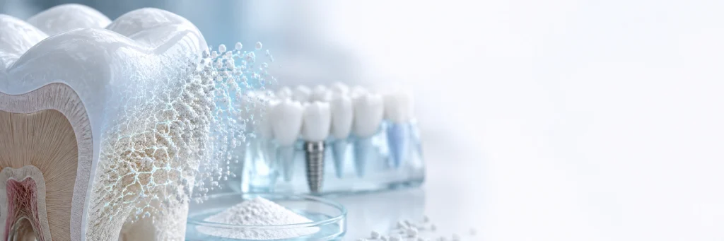 Hydroxyapatite particles interacting with tooth enamel, showing dental material applications and enamel support