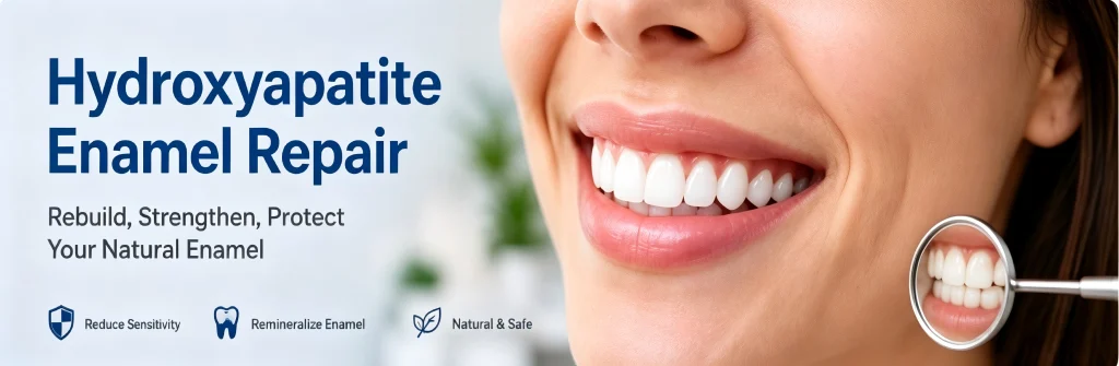 Hydroxyapatite enamel repair treatment for rebuilding and protecting natural tooth enamel.