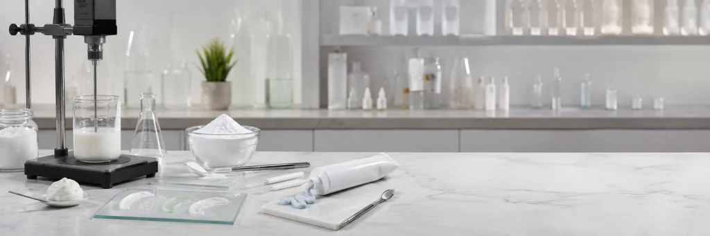 Hydroxyapatite formulation development for toothpaste and skincare products with lab mixer, powder sample and product texture swatches.