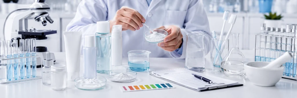 Durnuklylyk, howpsuzlyk we önümiň ösüşi üçin laboratoriýa synagy bilen gidroksiapatit agyz beklemek önümlerini düzýän gözlegçi