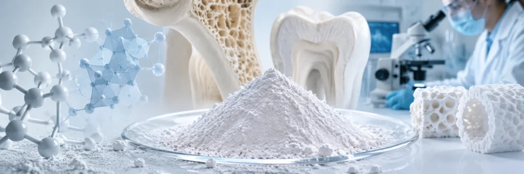 Hydroxyapatit-Pulver an engem biomedizinesche Laboratoire mat Knochen, Zänn a molekulare Modeller fir modern Biomaterialfuerschung.