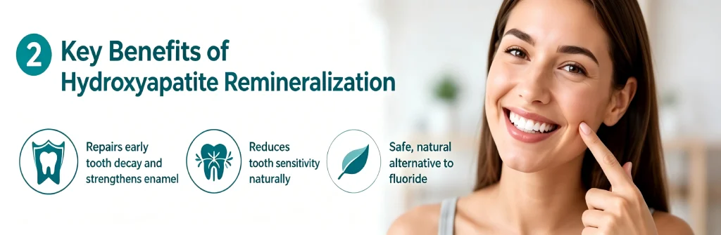 This infographic summarizes the key findings regarding hydroxyapatite from a 2023 study. It illustrates hydroxyapatite's effectiveness in repairing early-stage cavities and alleviating tooth sensitivity, highlighting it as a safe, natural alternative to fluoride. The graphic features visualizations of key data—such as its superior ability to reverse early demineralization compared to fluoride.