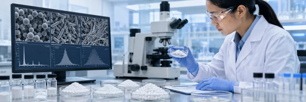 Wetenskaplike ontleed hidroksiapatietdeeltjiemorfologie met SEM-beelde, poeiermonsters en laboratoriumtoetstoerusting